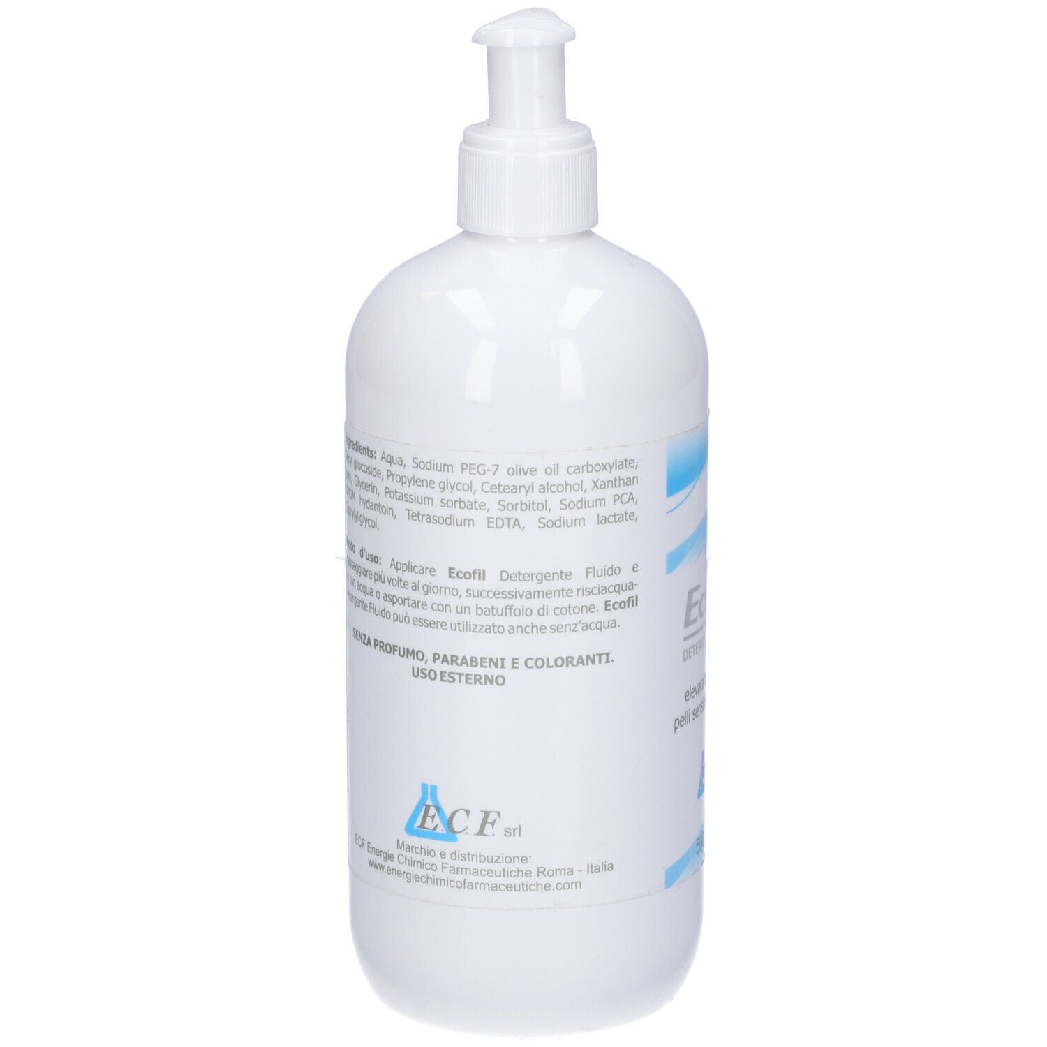 Retro del flacone bianco con dosatore. Testo con ingredienti e istruzioni per l'uso.