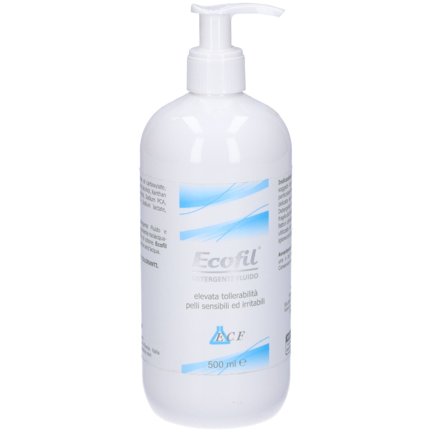 Flacone bianco con dosatore. Scritta: Ecofil Detergente, 500 ml. Strisce blu e testo.