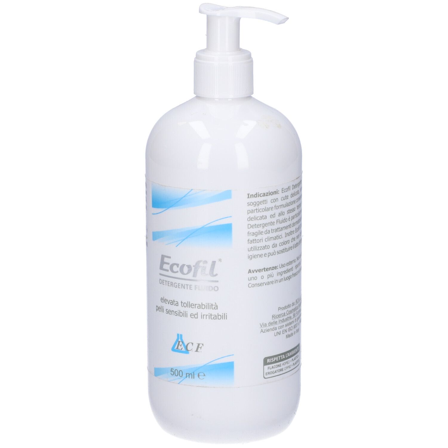 Flacone bianco con dosatore. Scritta: Ecofil Detergente, 500 ml. Strisce blu e testo.