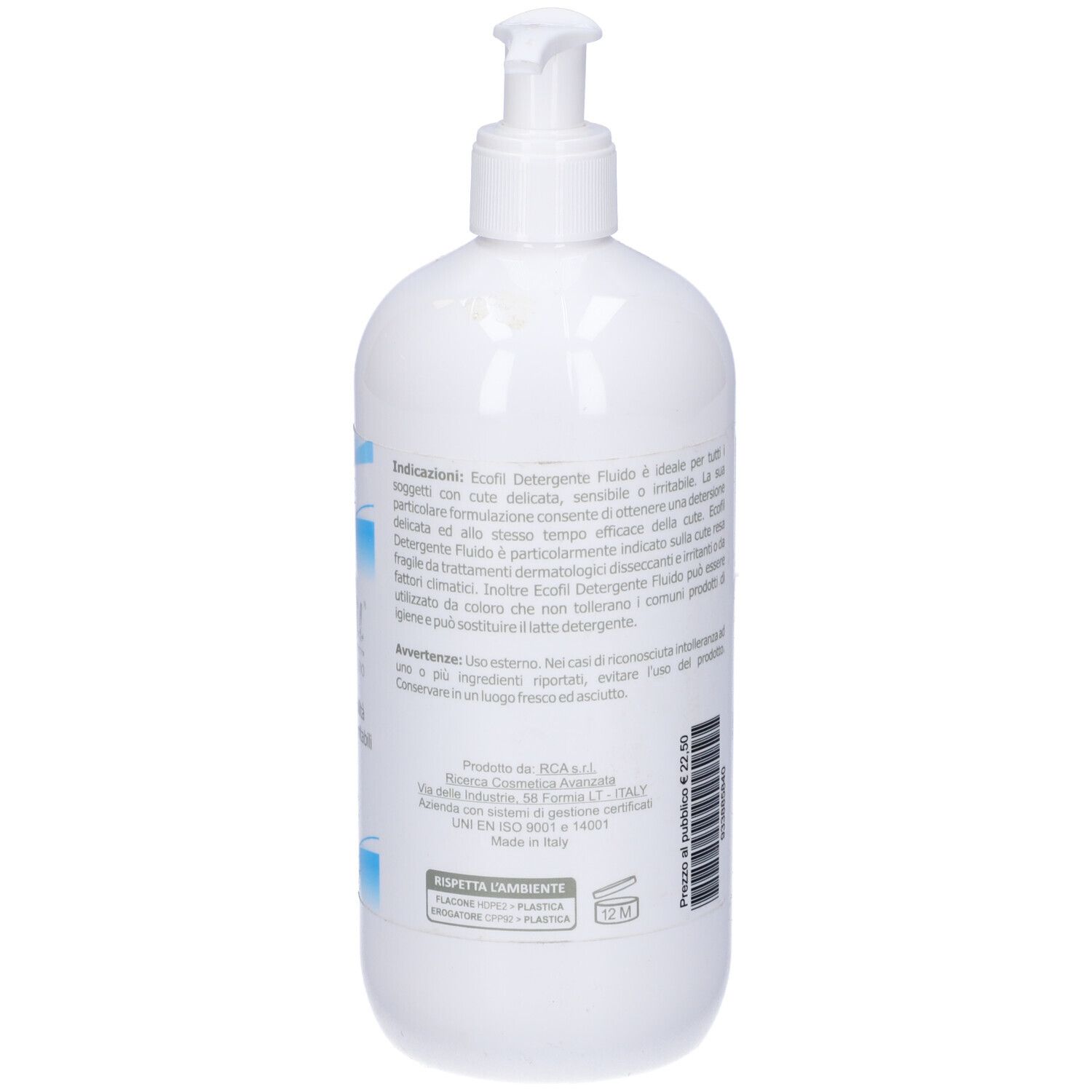 Retro del flacone bianco con dosatore. Testo con ingredienti e istruzioni per l'uso.