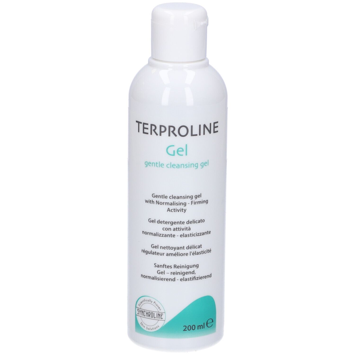 Flacone bianco con etichetta verde. Scritta: Terproline Gel. 200 ml.