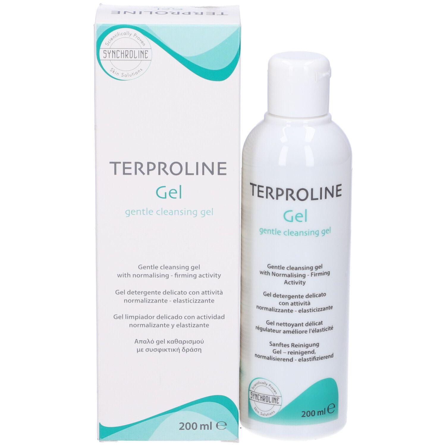Flacone bianco e scatola. Scritta: Terproline Gel. 200 ml.