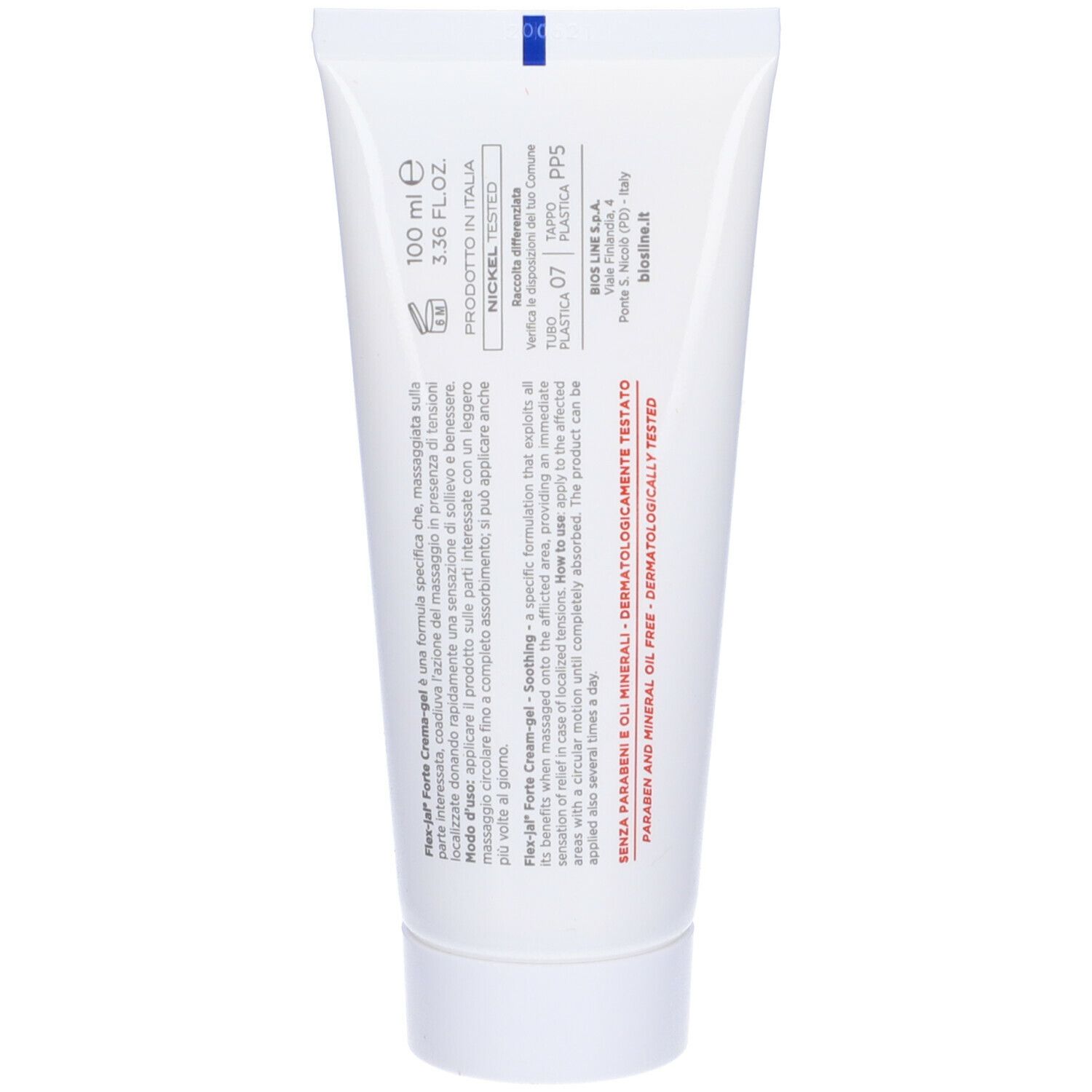 Retro del tubo Flexjal Forte Crema-gel. Testo: 100 ml, Nickel tested, Senza parabeni e oli minerali. Informazioni produttore.
