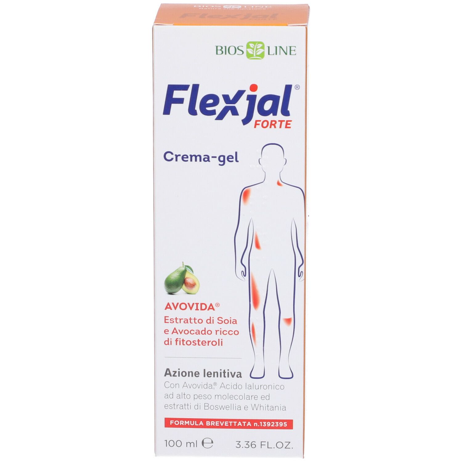 Confezione di Flexjal Forte Crema-gel. Scritte: BIOSLINE, AVODIDA, 100 ml. Silhouette corporea con aree rosse.