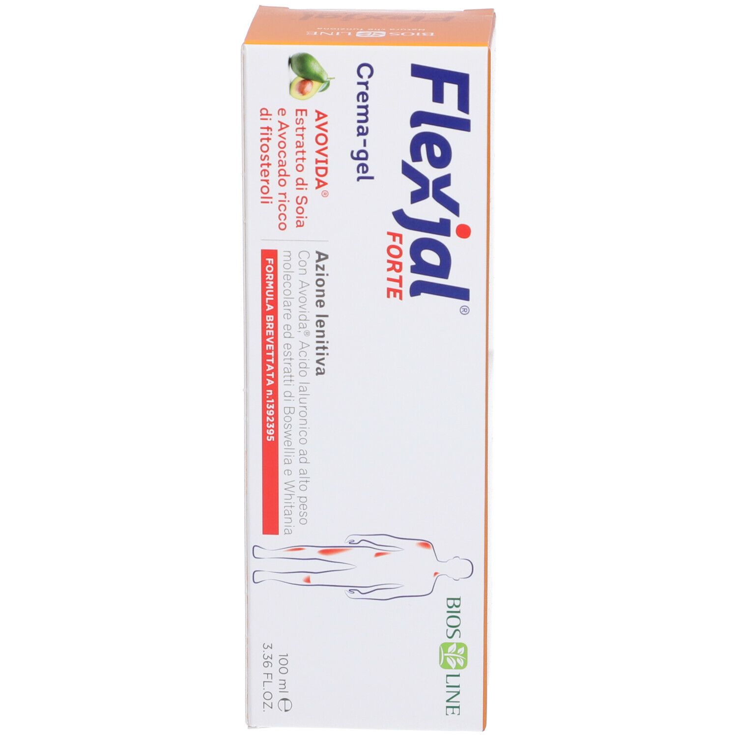 Confezione di Flexjal Forte Crema-gel. Scritte: BIOSLINE, AVODIDA, 100 ml. Silhouette corporea con aree rosse.