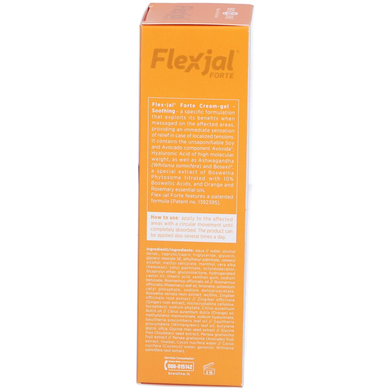 Lato arancione della confezione Flexjal Forte Crema-gel. Testo: Ingredienti, istruzioni per l'uso, avvertenze.