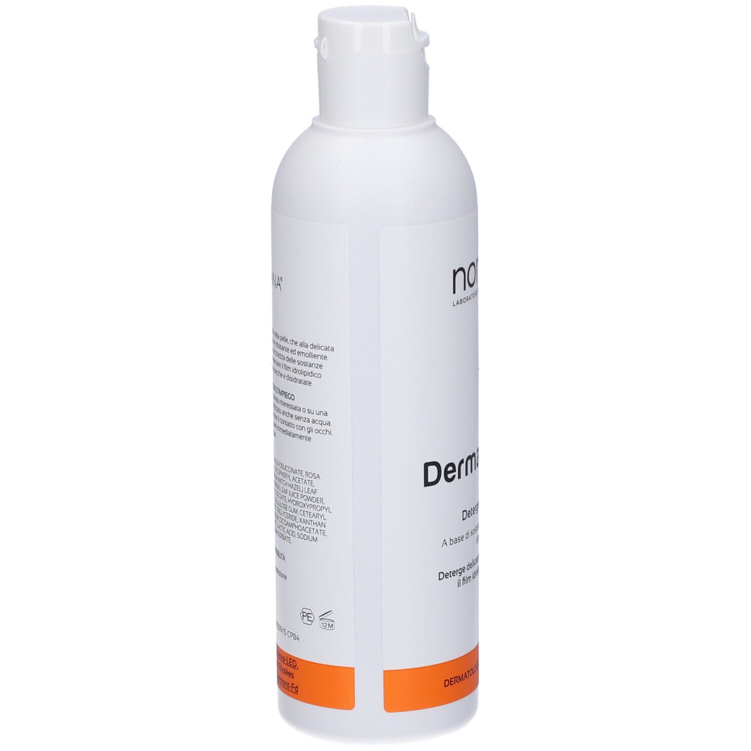 Flacone bianco con tappo a ribalta. Scritta: Noreva. Testo sul retro. Striscia arancione in basso.