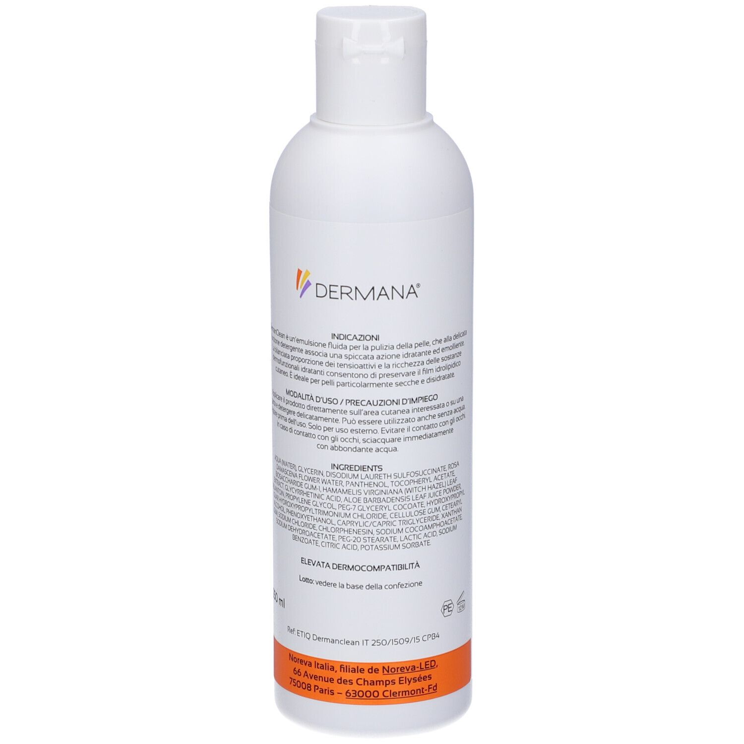Flacone bianco con tappo a ribalta. Scritta: DermanClean, ingredienti, istruzioni per l'uso. Striscia arancione in basso.