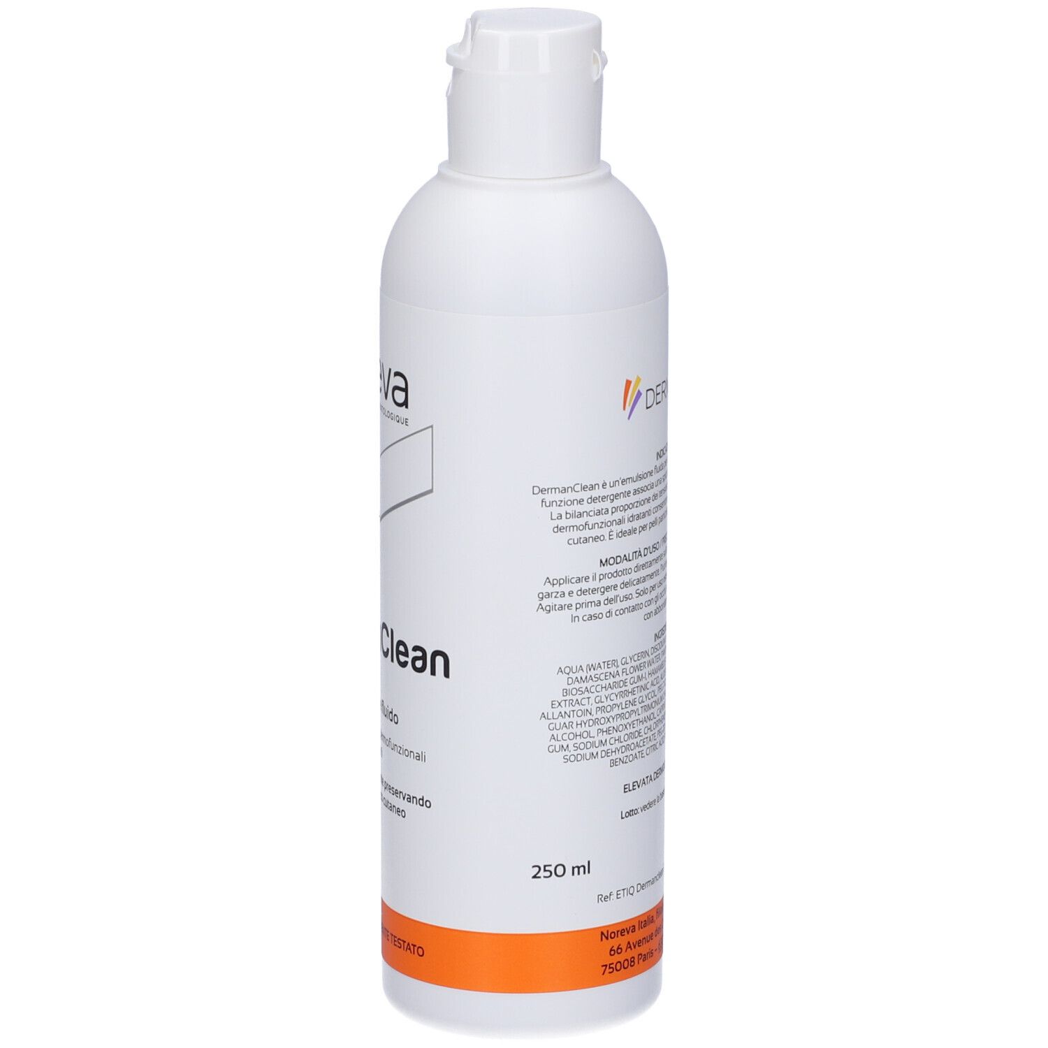 Flacone bianco con tappo a ribalta. Scritta: DermanClean, 250 ml. Striscia arancione in basso.
