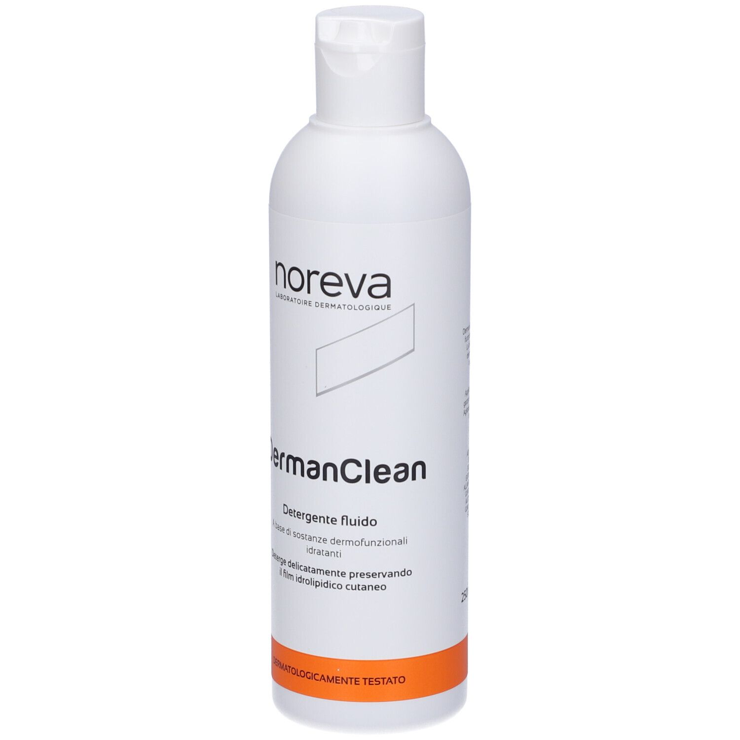 Flacone bianco con tappo a ribalta. Scritta: Noreva, DermanClean, Detergente fluido. Striscia arancione in basso.