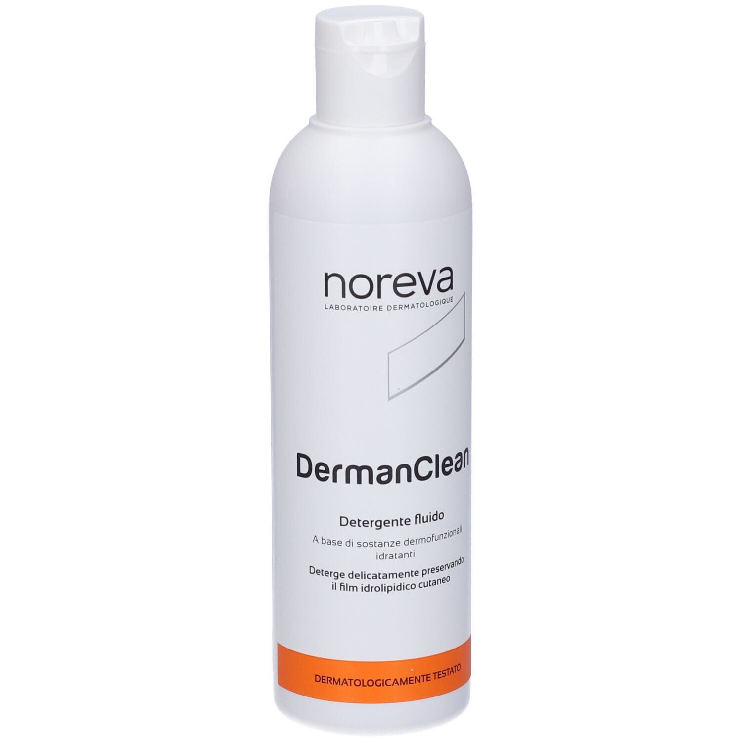 Flacone bianco con tappo a ribalta. Scritta: Noreva, DermanClean, Detergente fluido. Striscia arancione in basso.