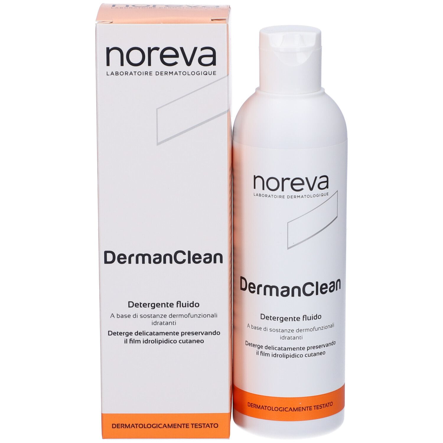 Flacone bianco e scatola. Scritta: Noreva, DermanClean, Detergente fluido. Striscia arancione in basso.