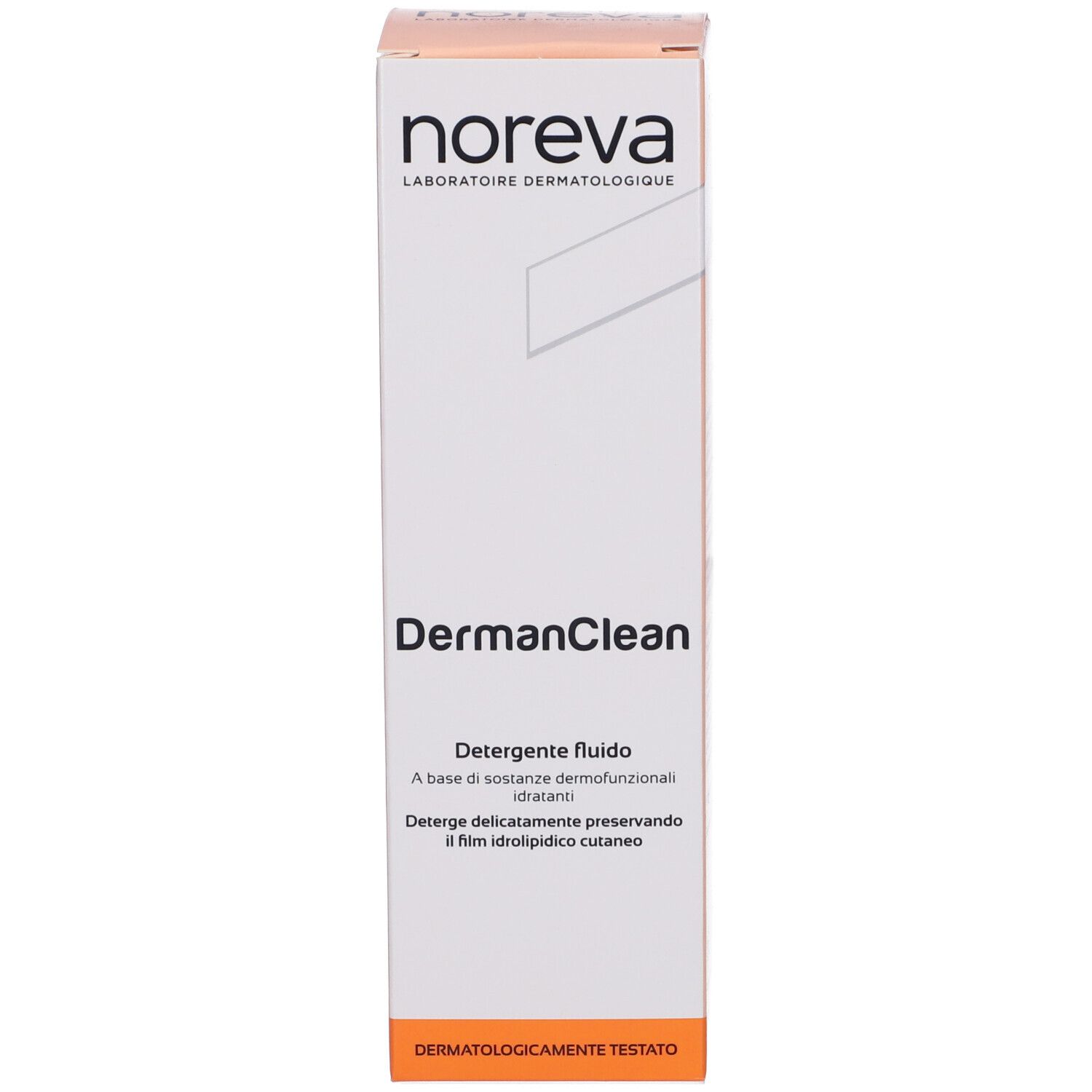 Scatola di cartone. Scritta: Noreva, DermanClean, Detergente fluido. Striscia arancione in basso.