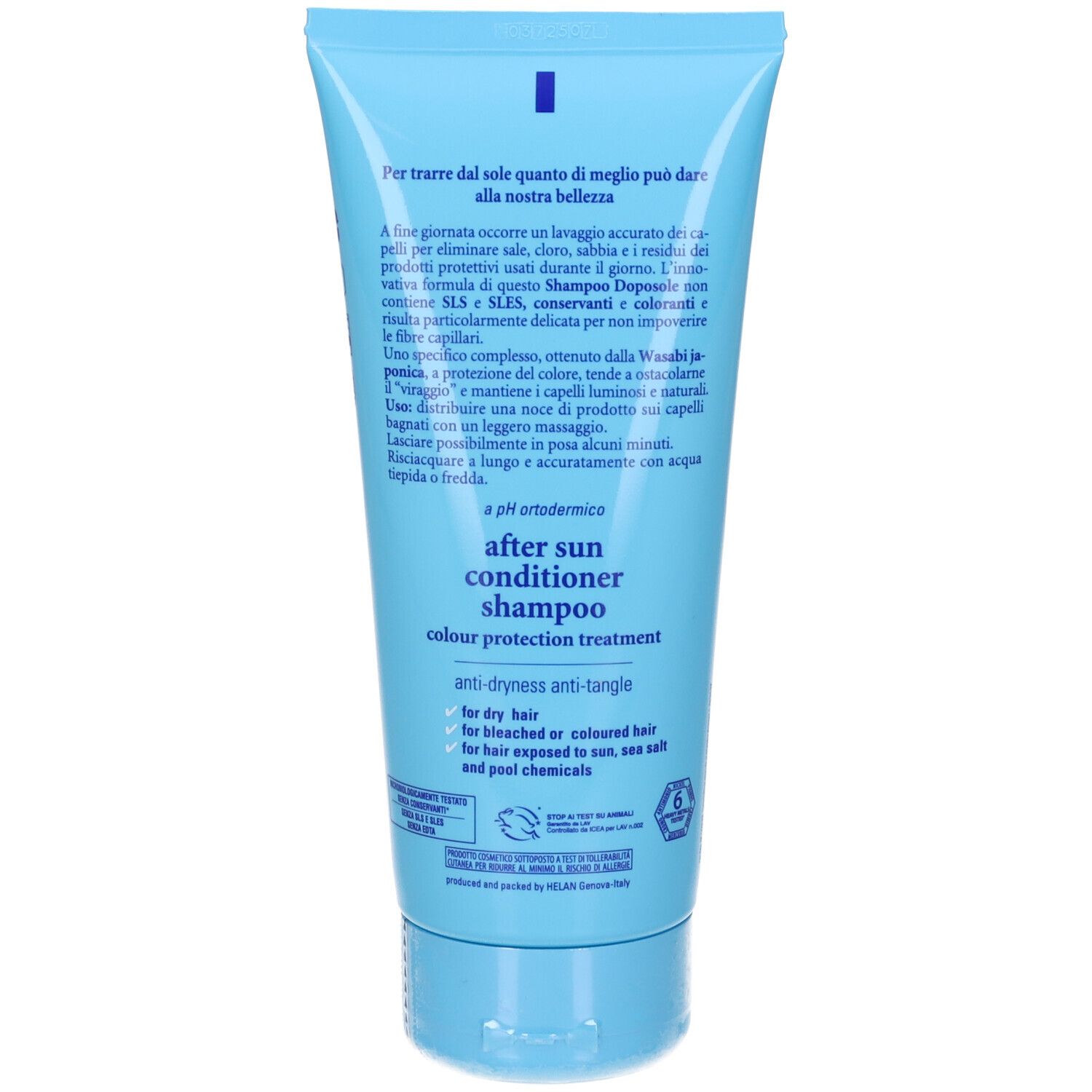 Retro del tubo azzurro. Testo multilingue, tra cui "after sun conditioner shampoo" e "colour protection treatment".