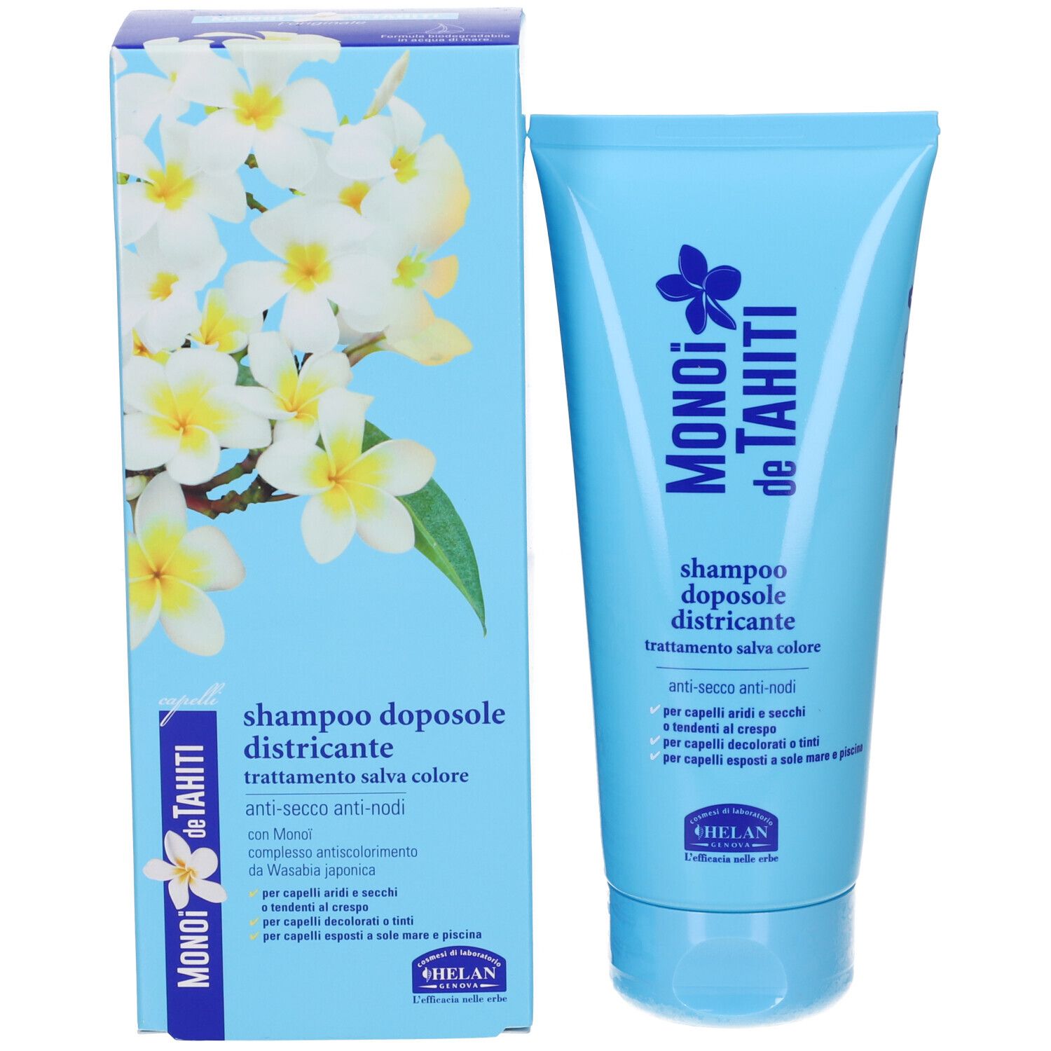 Tubo e scatola azzurri. Scatola con fiori e testo "shampoo doposole districante". Tubo: "MONOI de TAHITI".