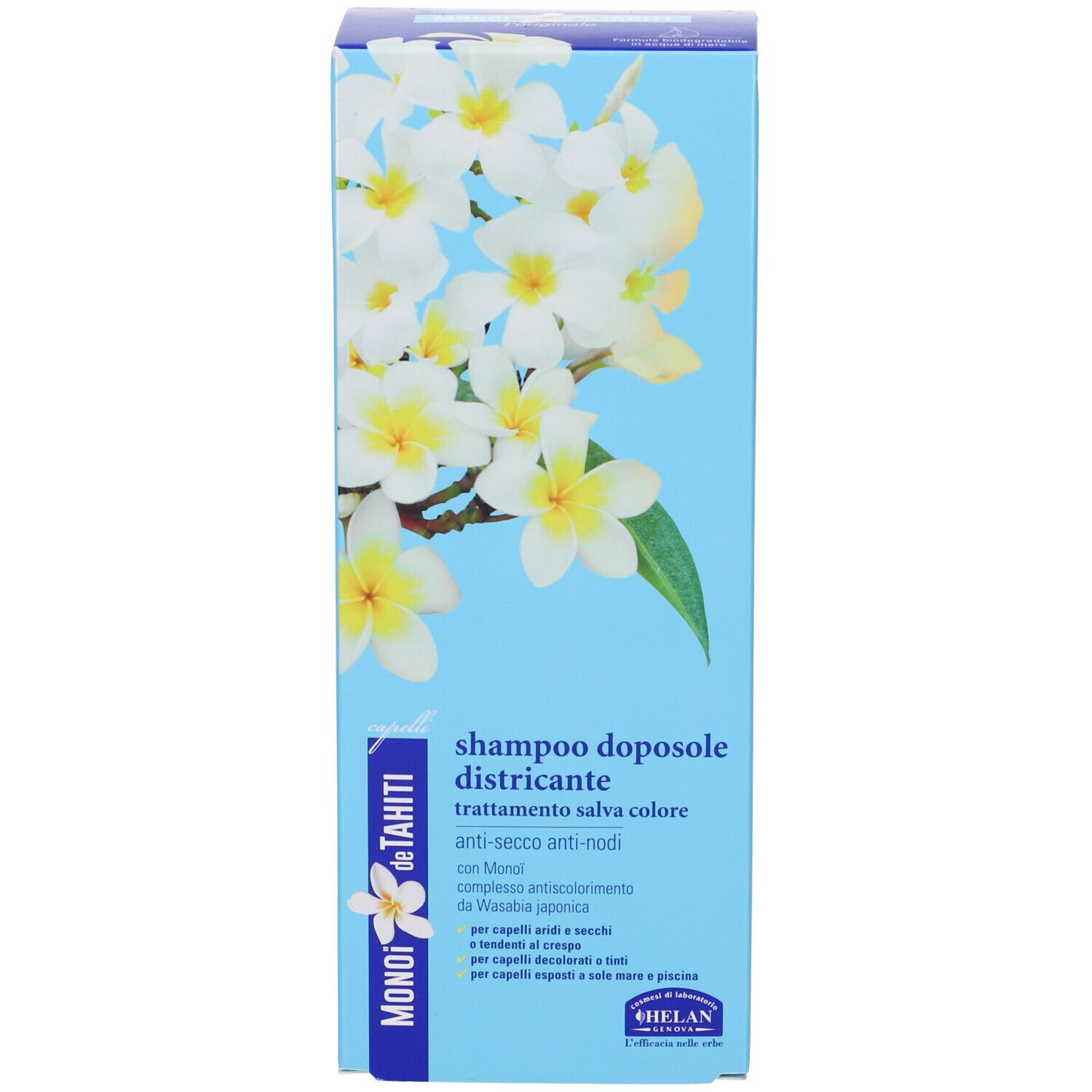 Scatola azzurra con fiori e testo "shampoo doposole districante". Marchio "MONOI de TAHITI" e logo.