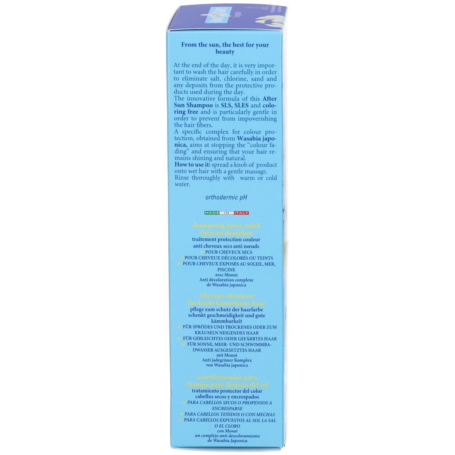 Scatola blu, vista laterale. Testo multilingue, tra cui "after sun conditioner shampoo".