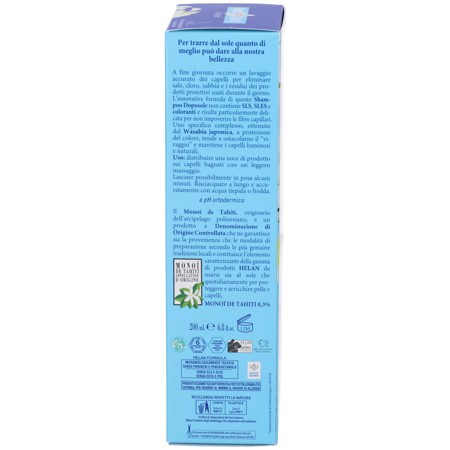 Scatola blu, retro. Testo multilingue, tra cui informazioni sul prodotto e ingredienti.