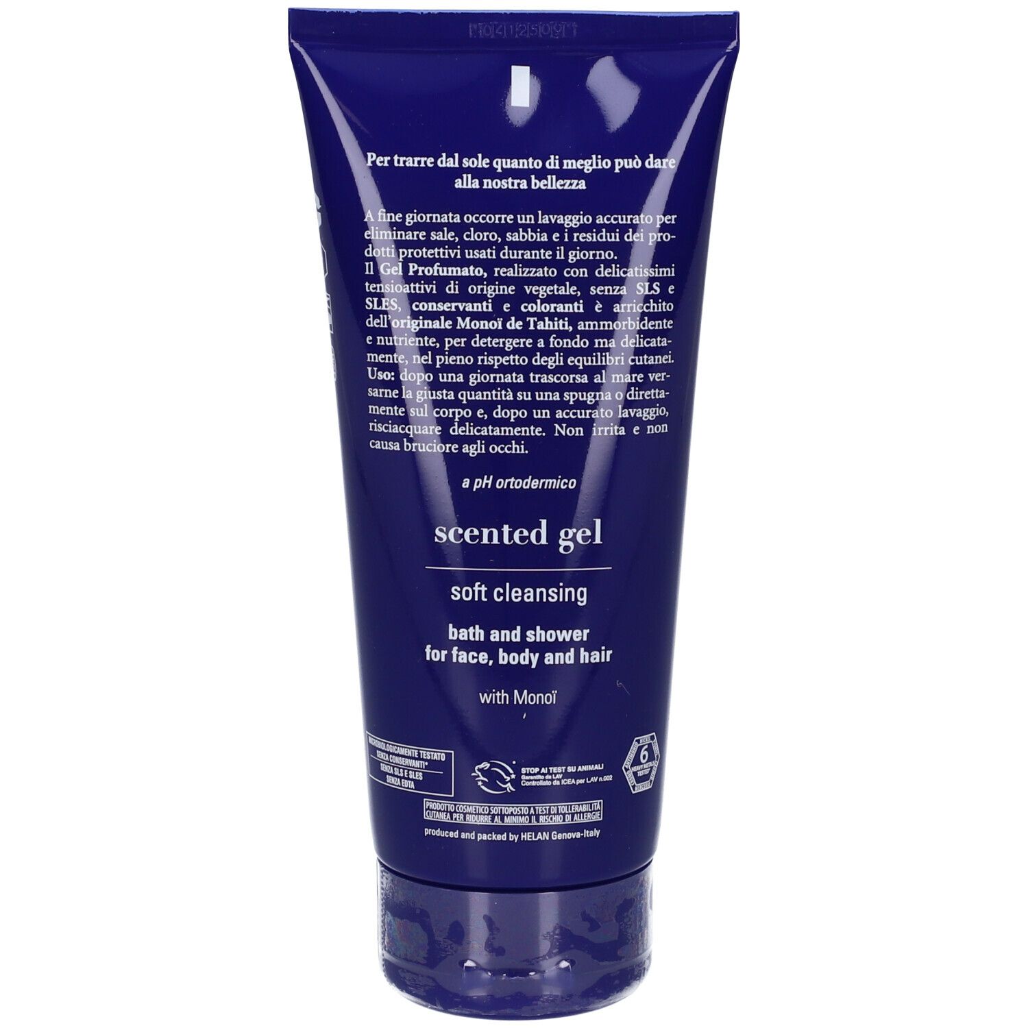 Tubo blu con testo. Scented gel, detersione delicata, bagno e doccia per viso, corpo e capelli con Monoi. pH: ortodermico.