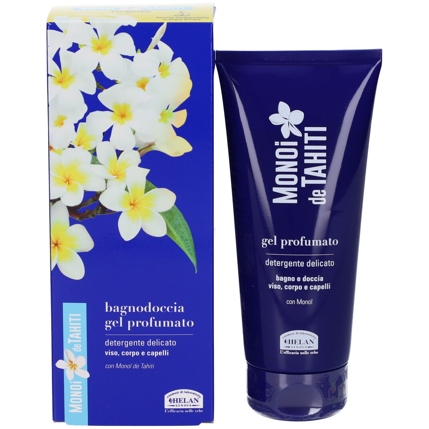 Confezione prodotto. Scatola blu e tubo. Stampa: MONOI de TAHITI, gel profumato, bagno doccia, viso, corpo e capelli. Marca: Helan.