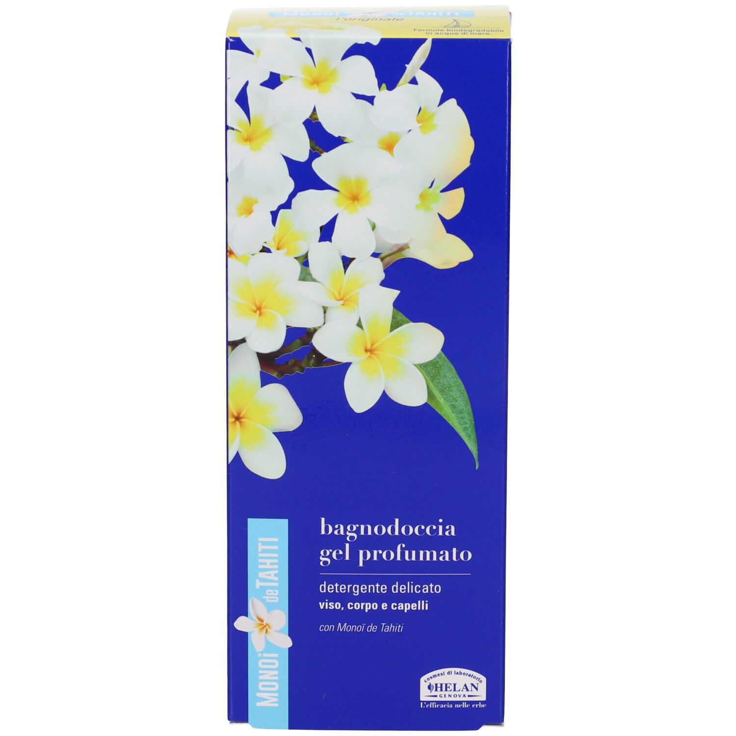 Scatola blu con fiori bianchi e testo. bagno doccia gel profumato, detergente delicato, viso, corpo e capelli. Marca: Helan.