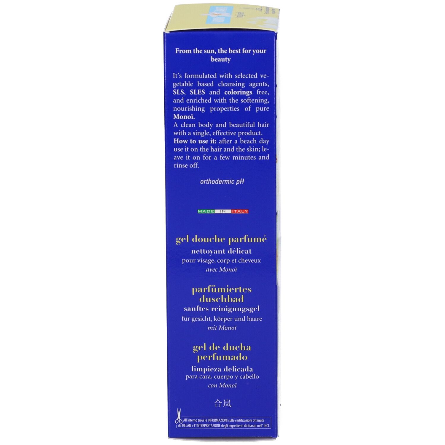 Scatola blu con testo. Gel douche parfumé, parfumiertes Duschbad, gel de ducha perfumado. Prodotto in Italia. pH: ortodermico.