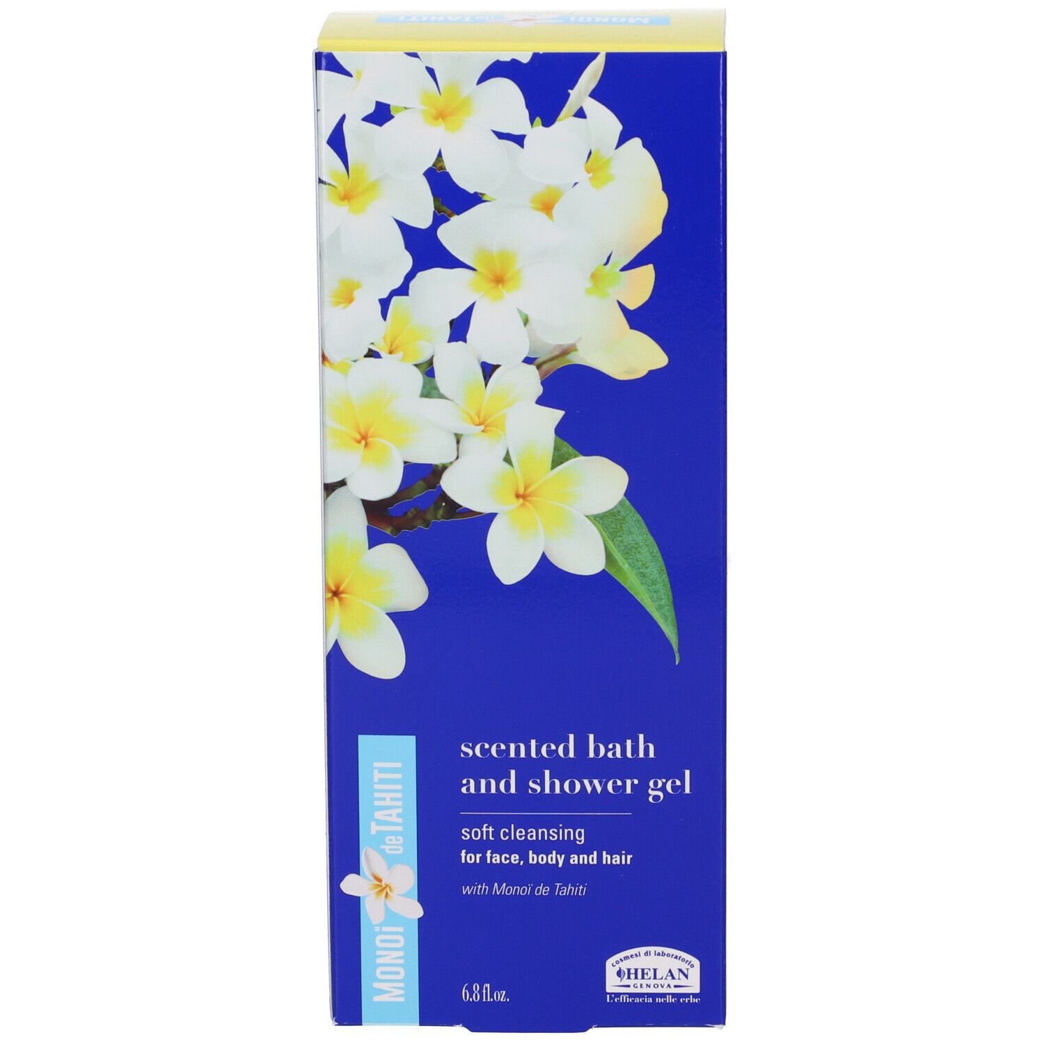 Scatola blu con fiori bianchi e testo. Scented bath and shower gel, detersione delicata per viso, corpo e capelli. Marca: Helan.