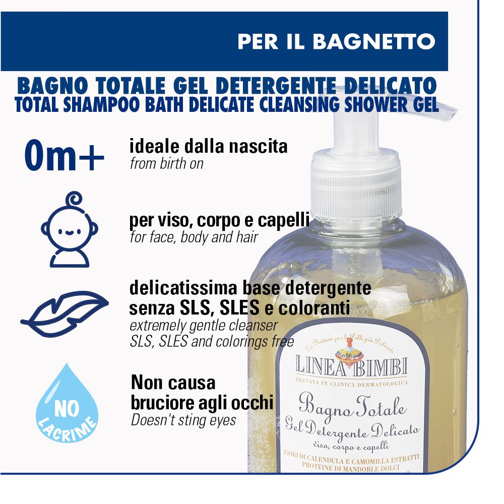 Primo piano della bottiglia. Testo: Bagno Totale, Gel Detergente Delicato, per viso, corpo e capelli. Senza SLS, SLES e coloranti.