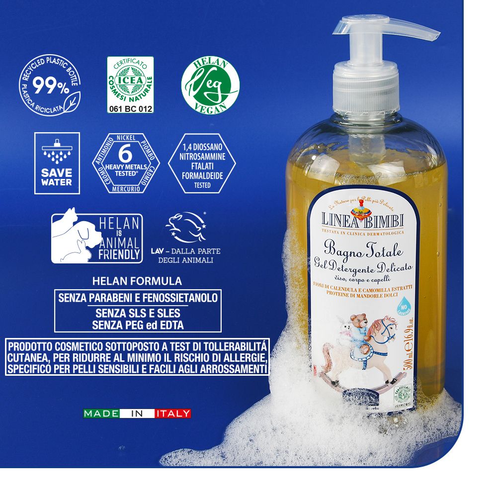 Flacone con dosatore, circondato da schiuma. Scritta: LINEA BIMBI, Bagno Totale. Testo: Senza parabeni, SLS, SLES, PEG e EDTA. Vegano.