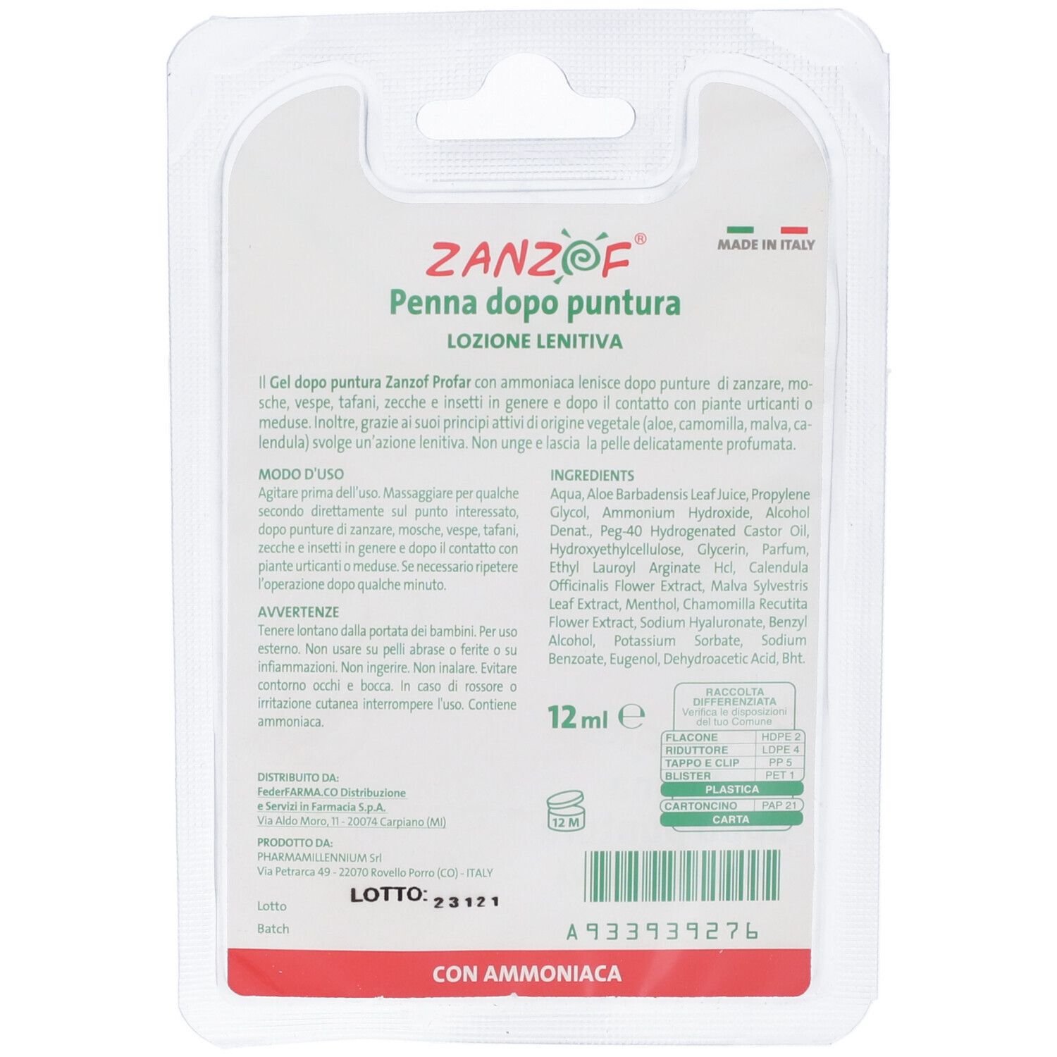 Retro della confezione del prodotto. Testo: Zanzof Penna, lozione. Ingredienti, istruzioni per l'uso, avvertenze. 12 ml.