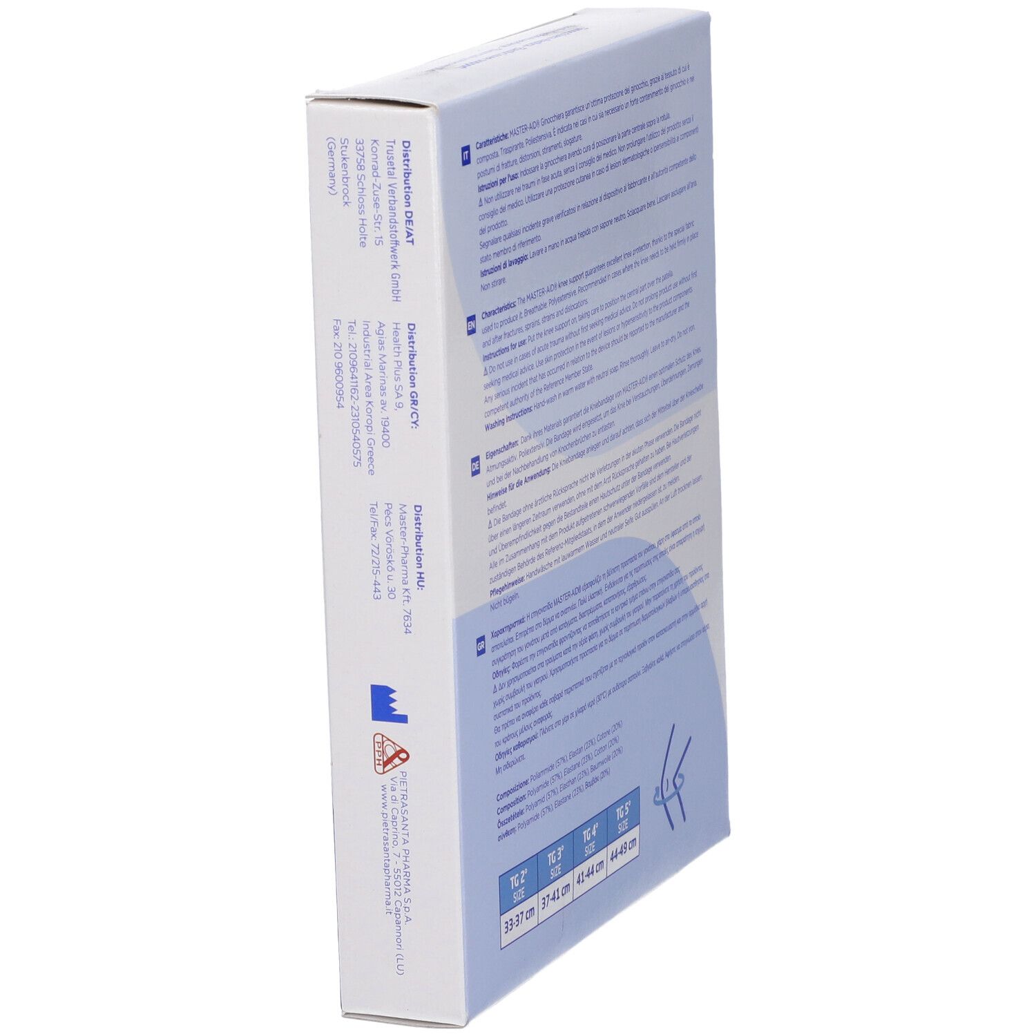 Confezione di ginocchiera elastica con indicazioni di taglia e simboli di applicazione.