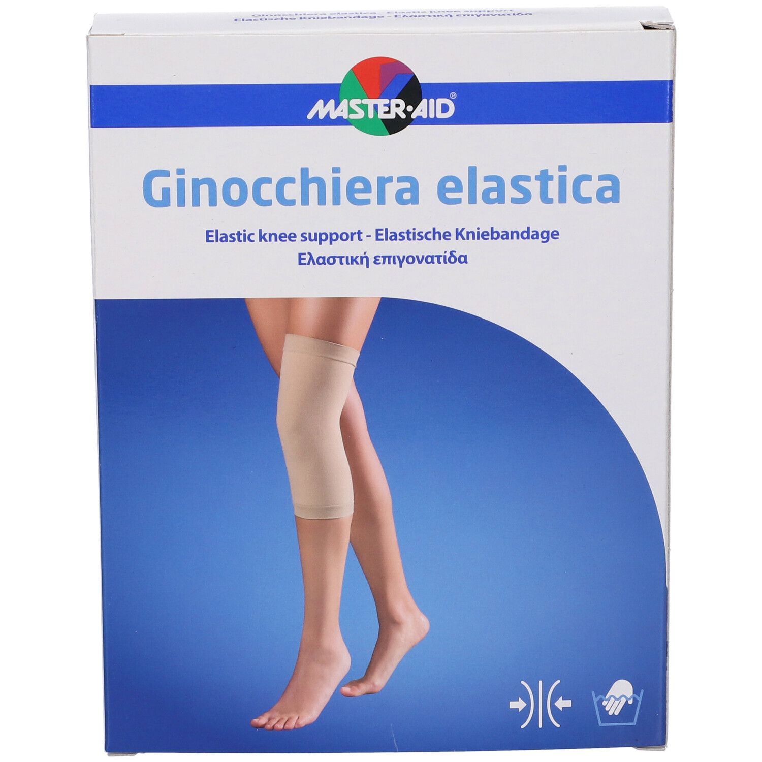 Confezione di ginocchiera elastica. Scritta: Ginocchiera elastica, logo Master-Aid. Immagine di gamba con bendaggio.