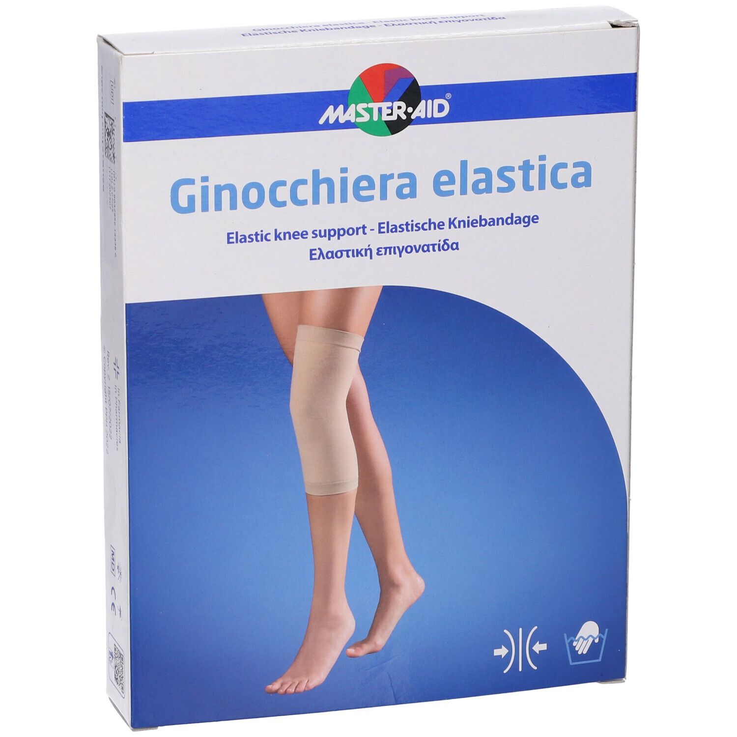 Confezione di ginocchiera elastica con immagine di una gamba e informazioni sul prodotto.