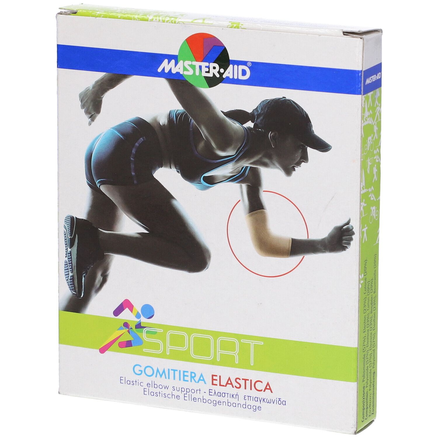 Confezione di Gomitiera Elastica. Design sportivo. Marchio MASTER-AID. Scritta: Elastic elbow support. Immagine di atleta con bendaggio.