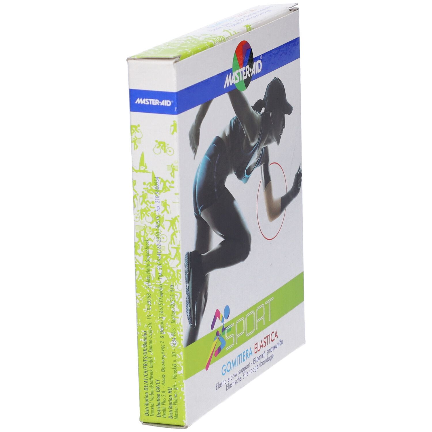 Confezione di Gomitiera Elastica. Design sportivo. Marchio MASTER-AID. Scritta: Elastic elbow support. Vista laterale.