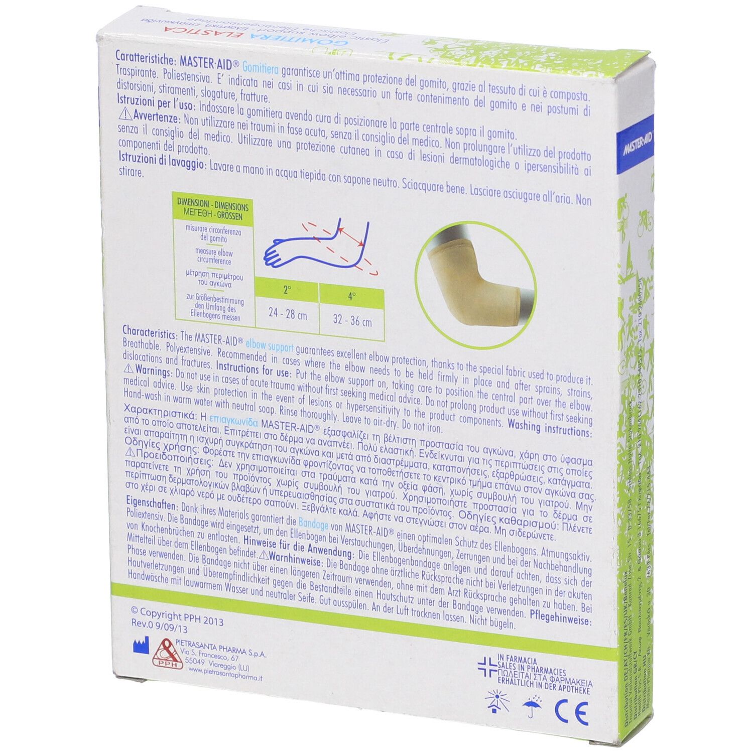 Retro della confezione di Gomitiera Elastica. Testo multilingue. Marchio MASTER-AID. Indicazioni taglie.