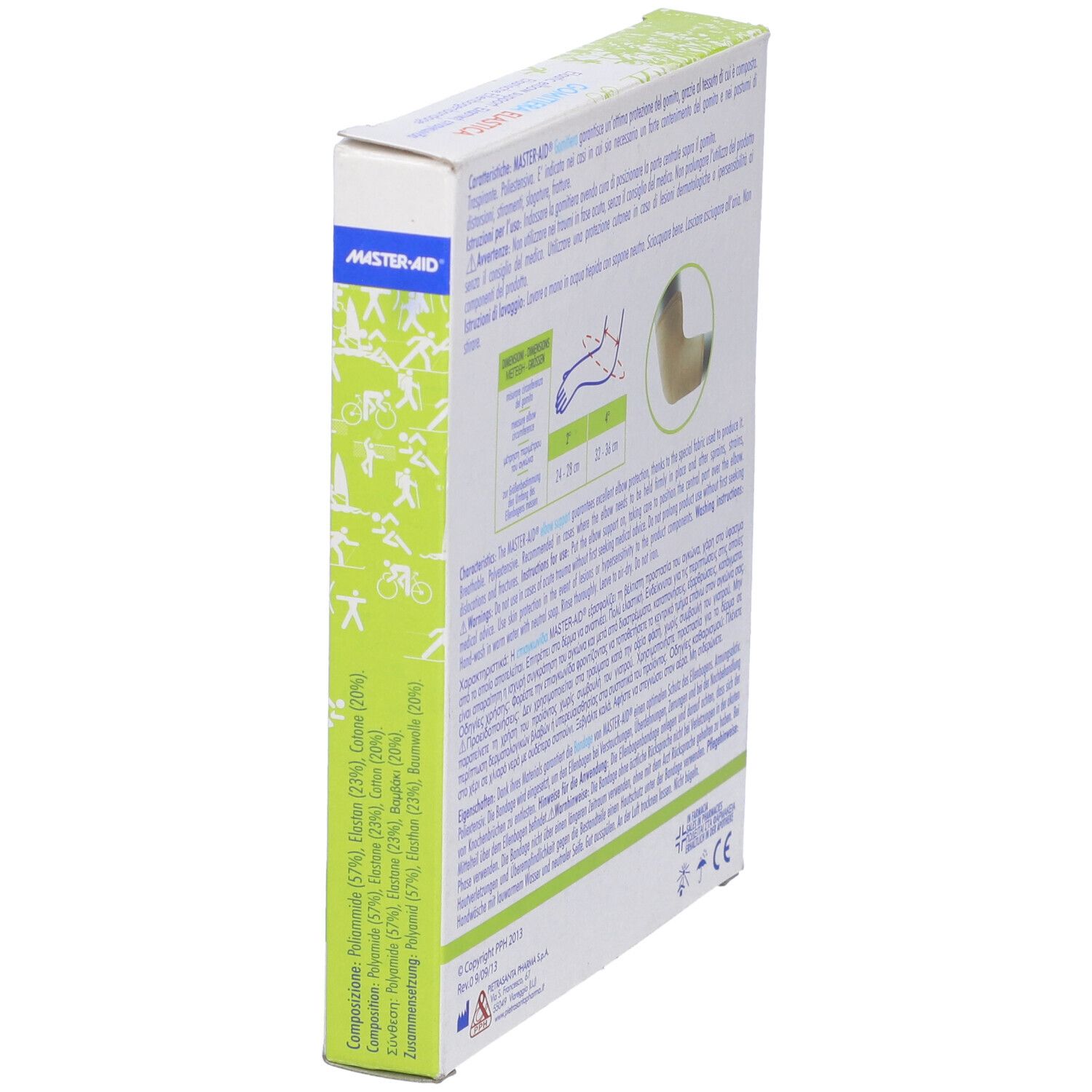 Vista laterale della confezione di Gomitiera Elastica. Testo multilingue. Marchio MASTER-AID. Indicazioni taglie.