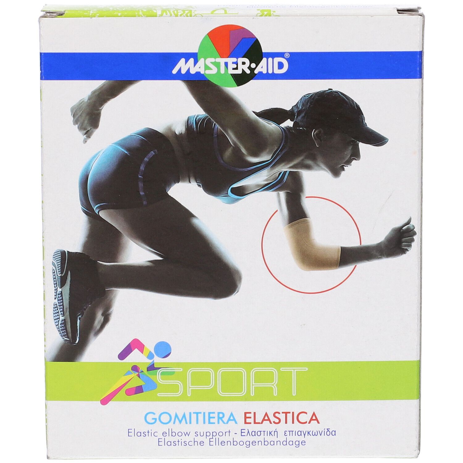 Confezione di Gomitiera Elastica. Design sportivo. Marchio MASTER-AID. Scritta: Elastic elbow support. Immagine di atleta con bendaggio.