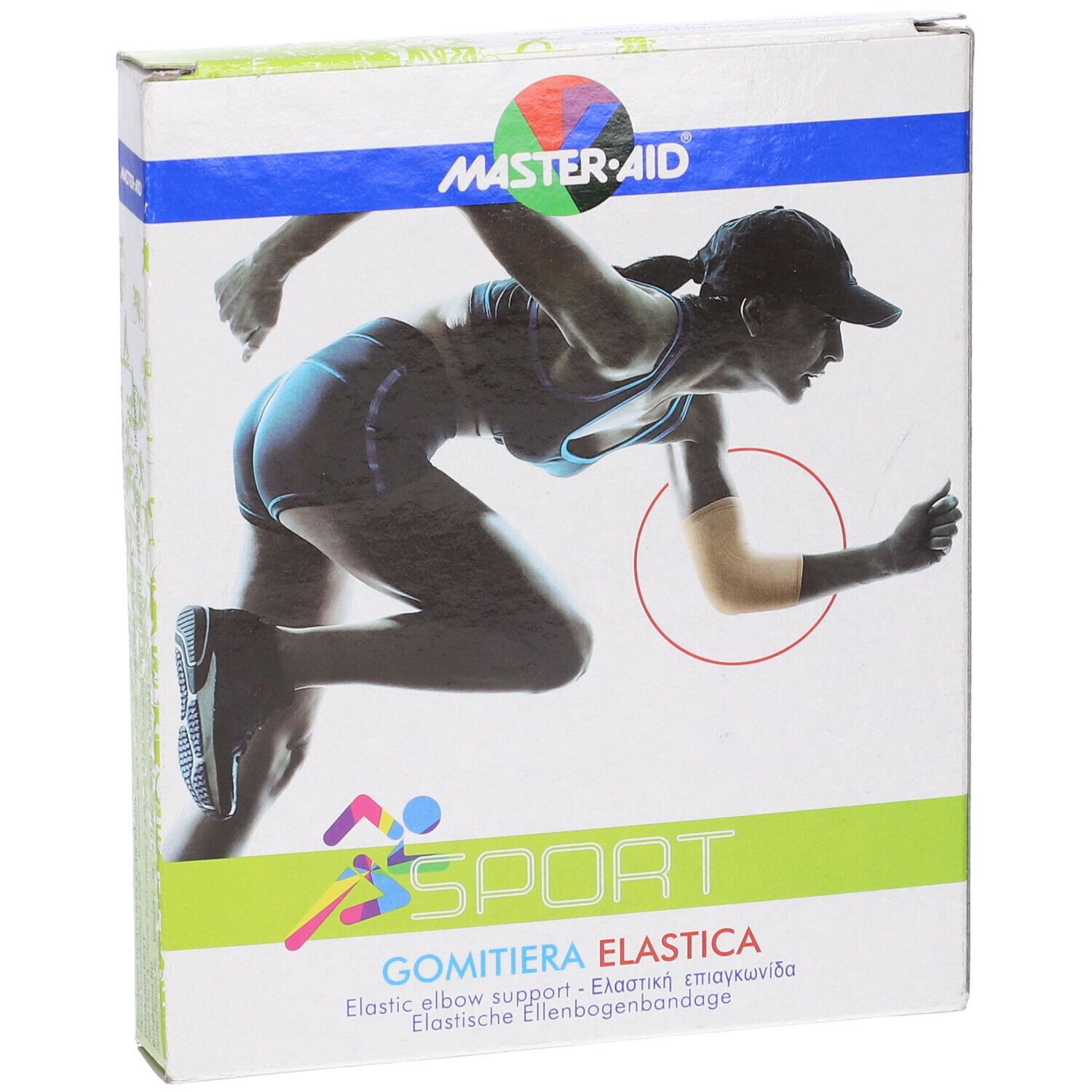 Confezione di Gomitiera Elastica. Design sportivo. Marchio MASTER-AID. Scritta: Elastic elbow support. Immagine di atleta con bendaggio.