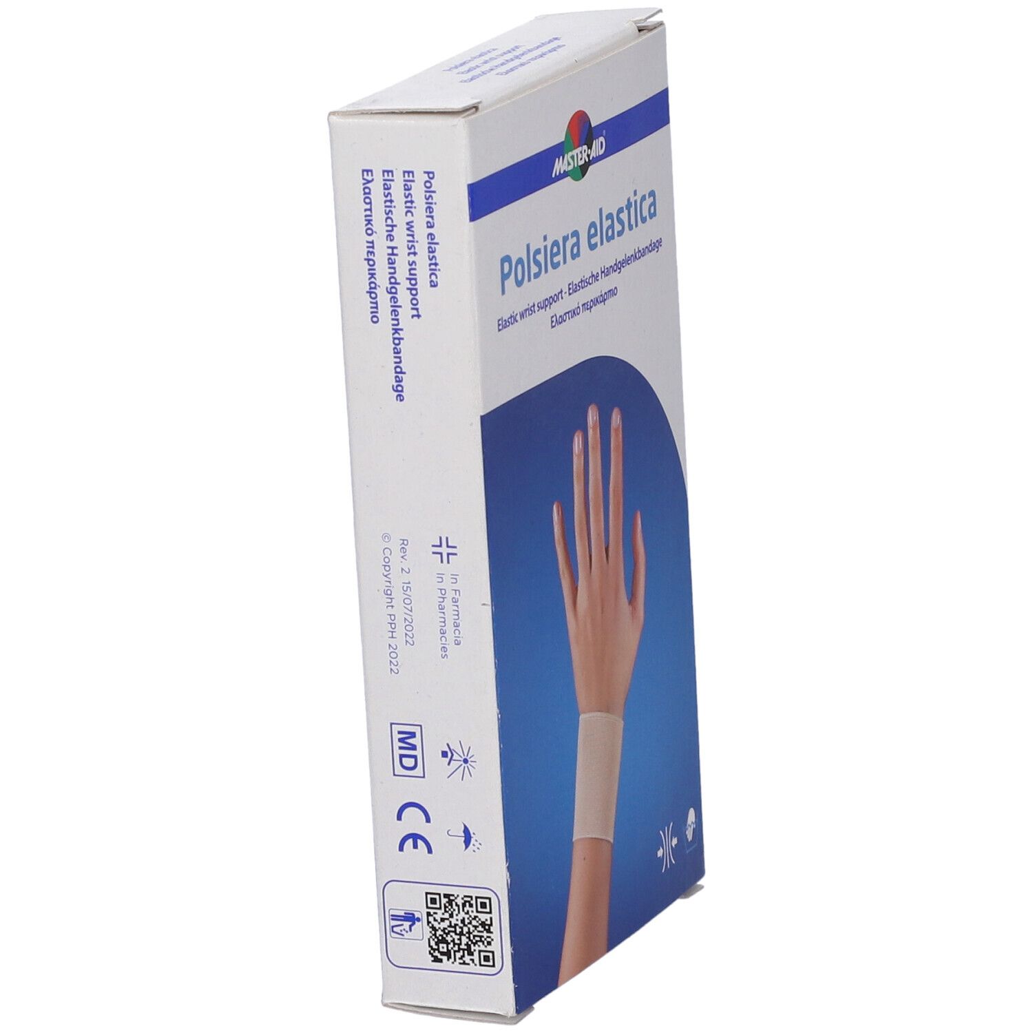Confezione Polsiera Elastica. Supporto per polso. Lato della confezione con testo e logo.