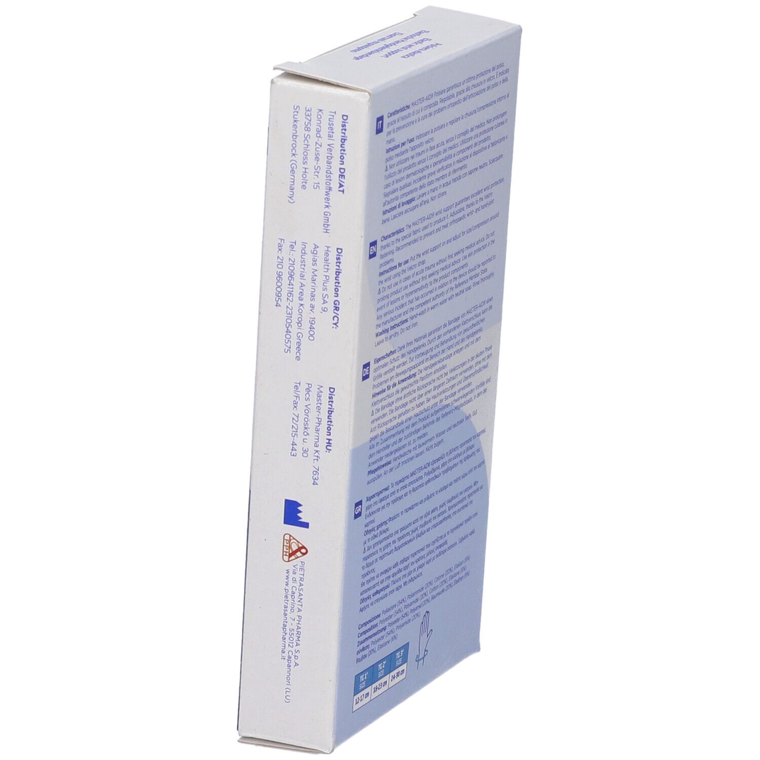 Lato confezione Polsiera Elastica. Testo e loghi. Informazioni produttore.