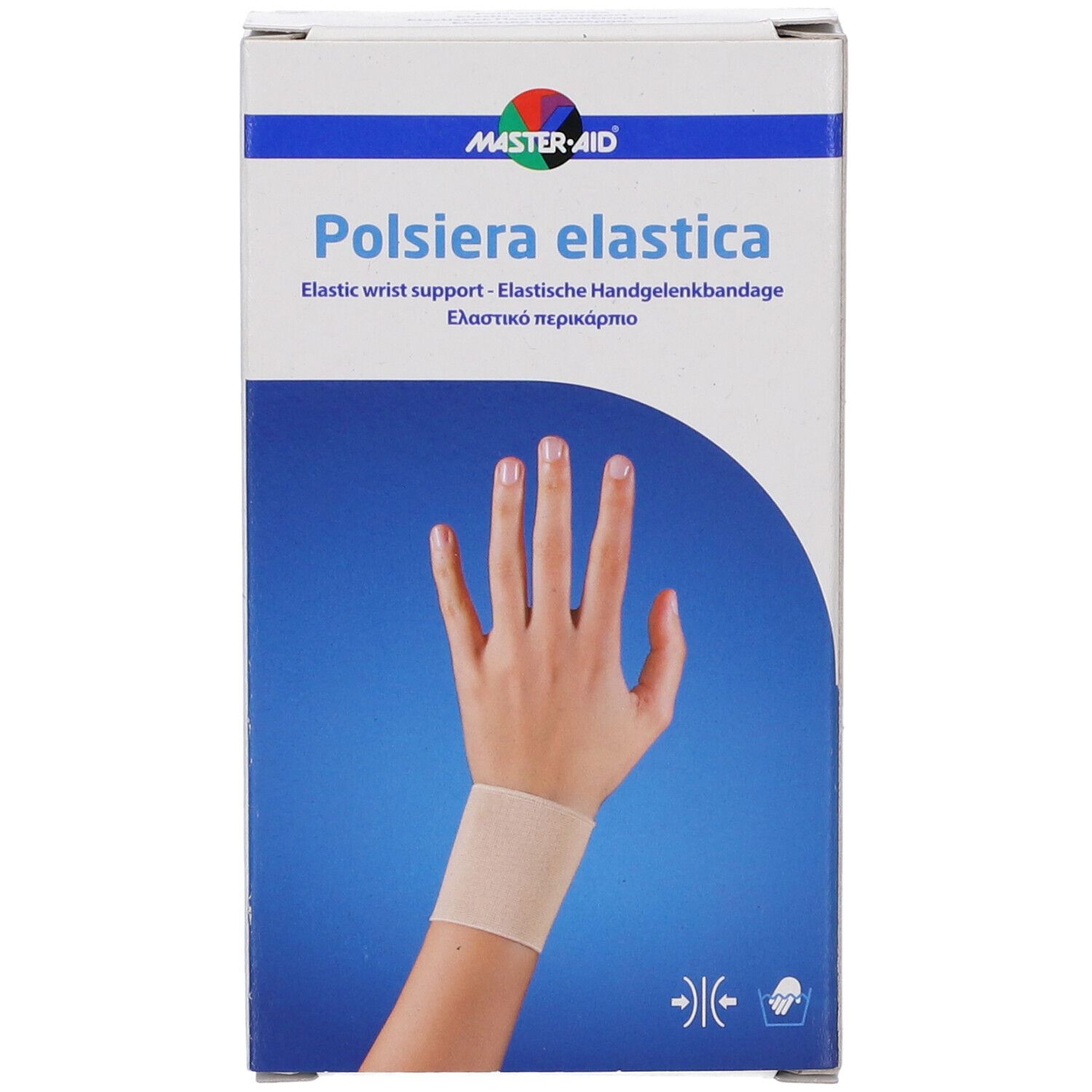 Confezione Polsiera Elastica. Supporto elastico per polso. Mano sul pacco. Marchio Master-Aid.