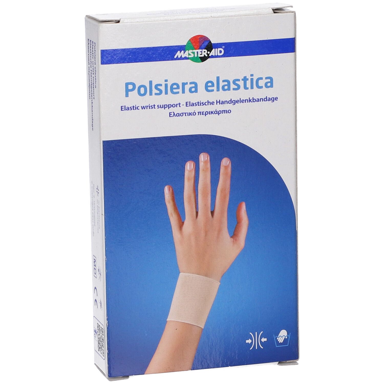 Confezione Polsiera Elastica. Supporto elastico per polso. Mano sul pacco. Marchio Master-Aid.
