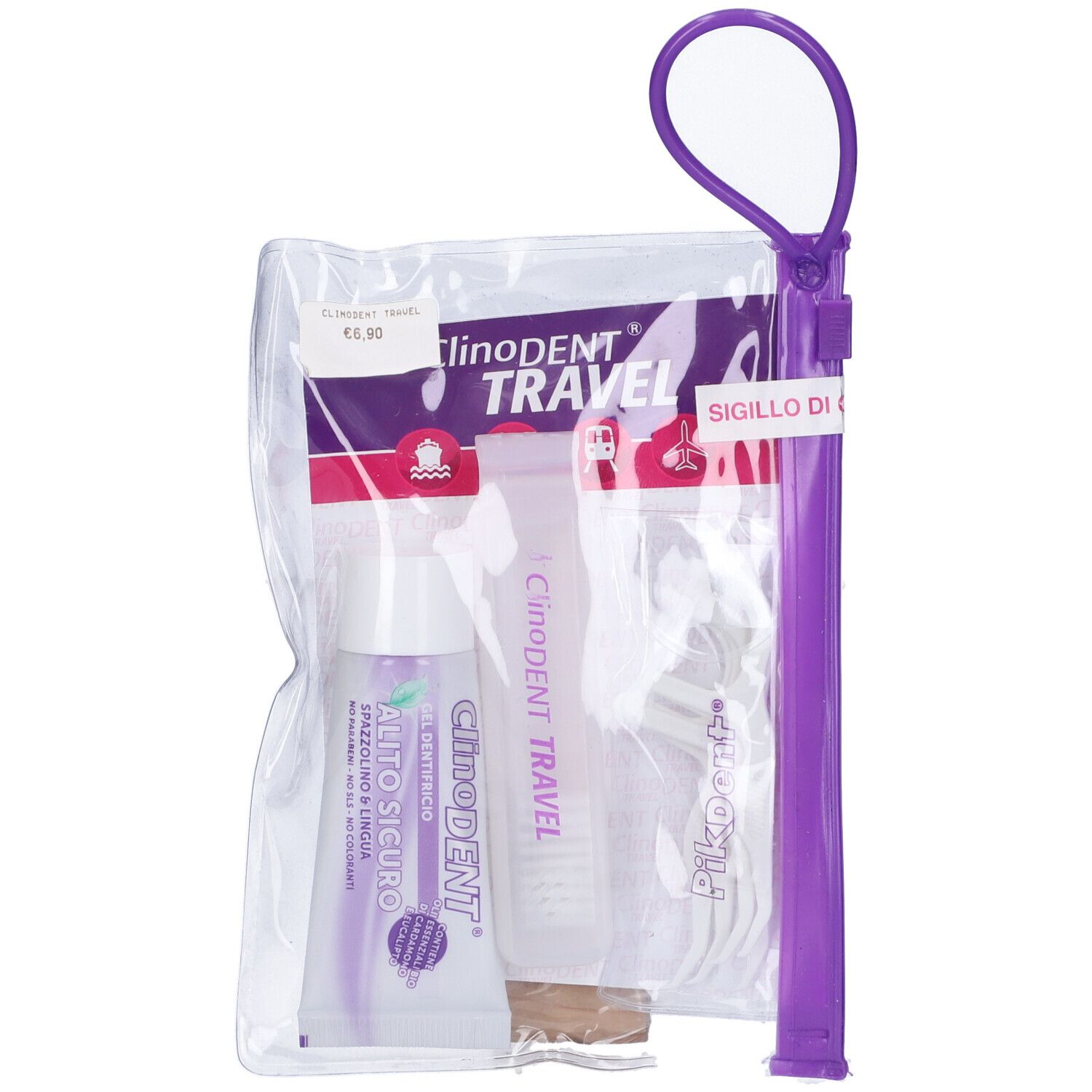 Kit da viaggio Clinodent in custodia trasparente. Contiene dentifricio, collutorio e filo interdentale. Manico viola.