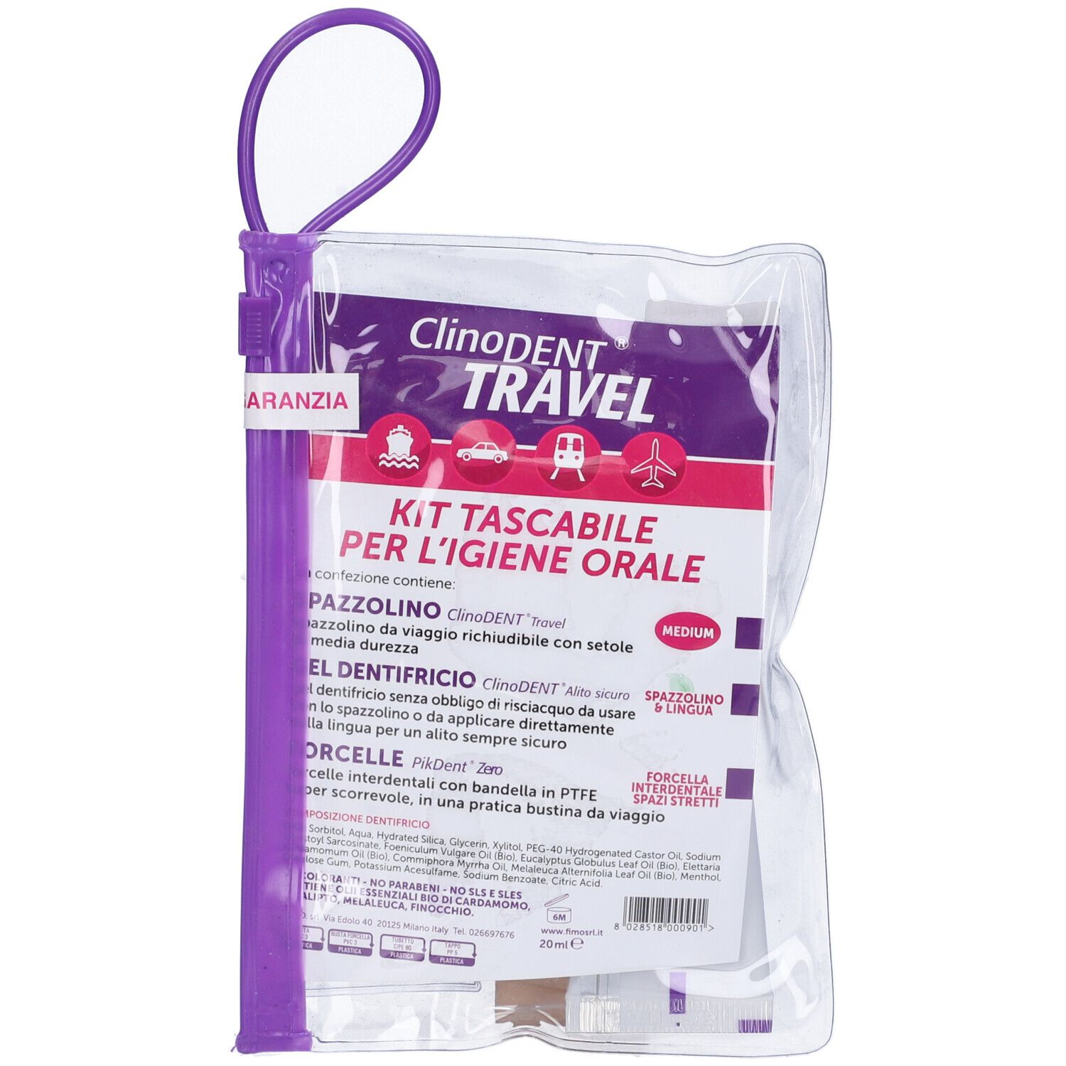 Kit da viaggio Clinodent per l'igiene orale. Contiene spazzolino, filo interdentale e altri prodotti in una custodia trasparente.