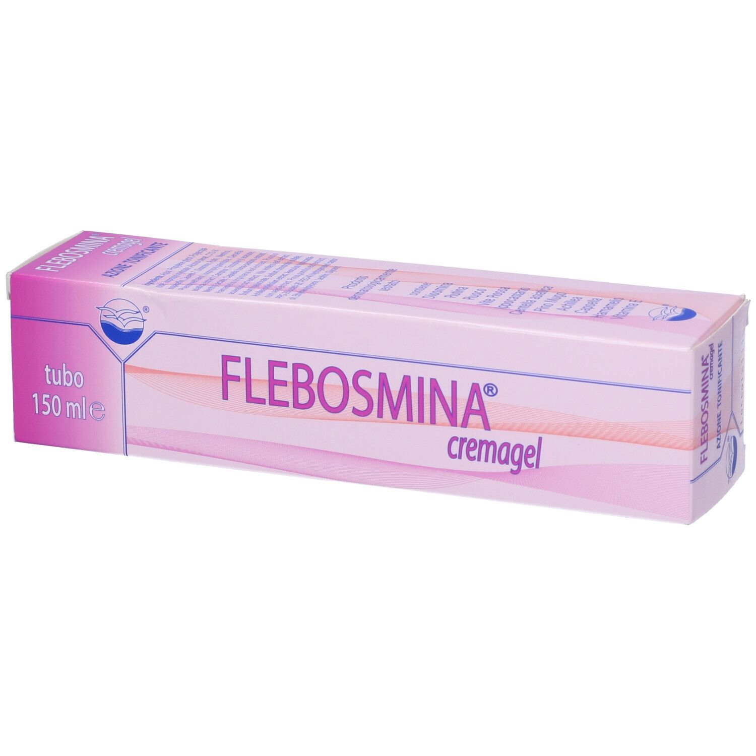 Confezione Flebosmina Cremagel. Rosa e bianco. Scritta: Flebosmina Cremagel, 150 ml.