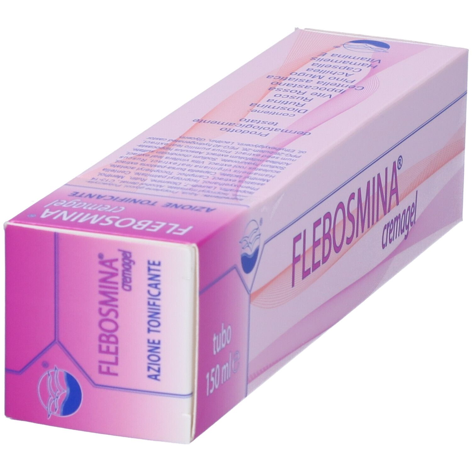 Confezione Flebosmina Cremagel. Rosa e bianco. Scritta: Flebosmina Cremagel, 150 ml.