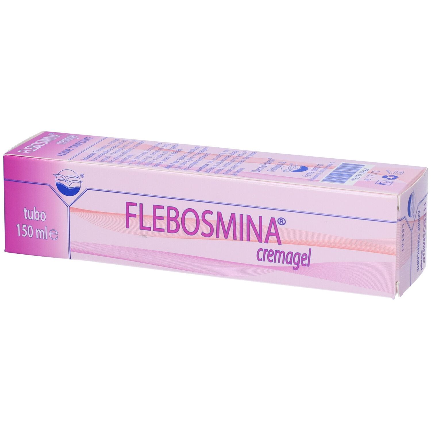 Confezione Flebosmina Cremagel. Rosa e bianco. Scritta: Flebosmina Cremagel, 150 ml.