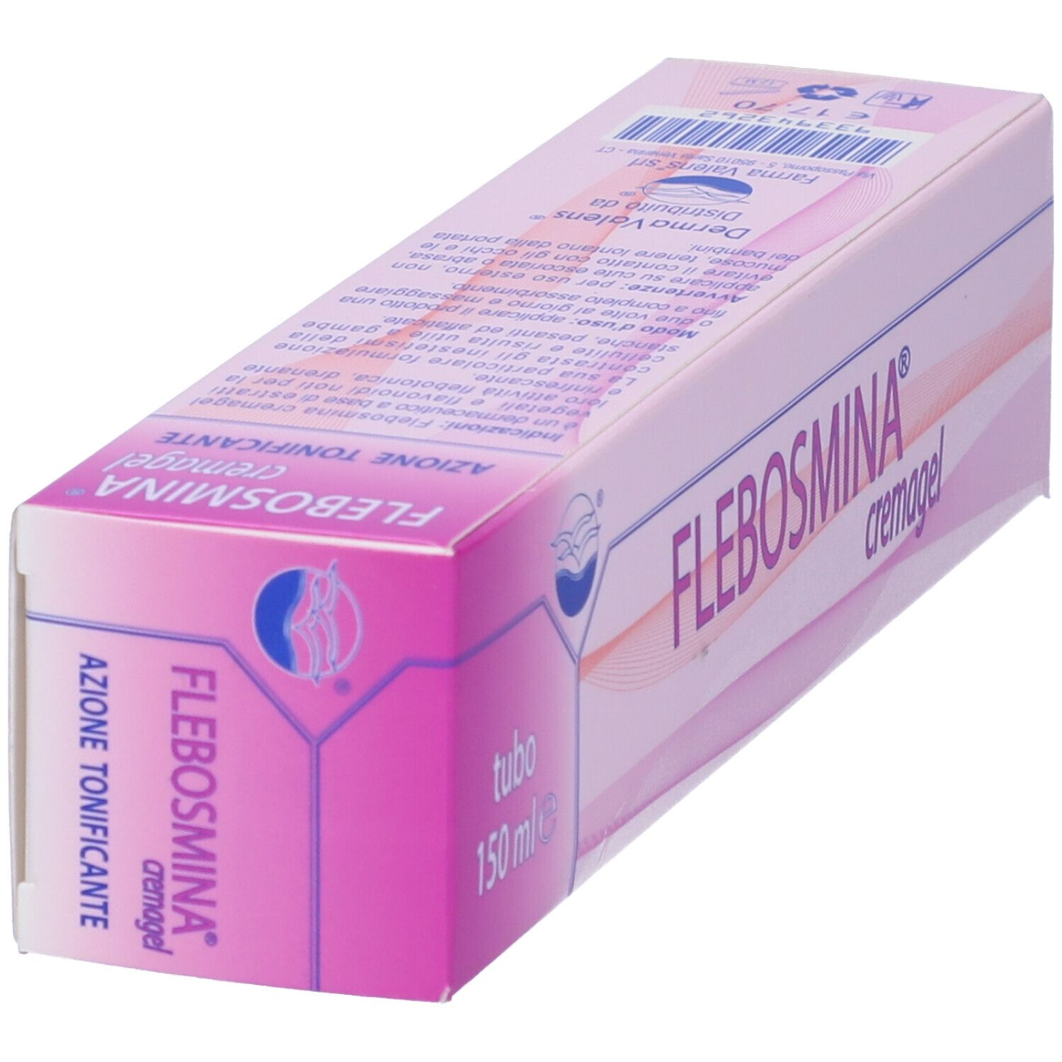 Confezione Flebosmina Cremagel. Rosa e bianco. Scritta: Flebosmina Cremagel, 150 ml.