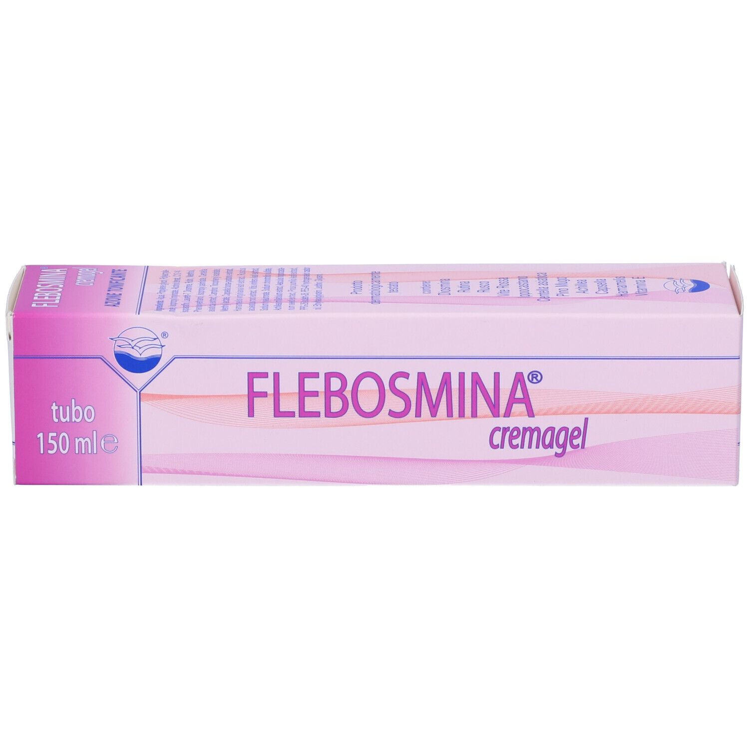 Confezione Flebosmina Cremagel. Rosa e bianco. Scritta: Flebosmina Cremagel, 150 ml.